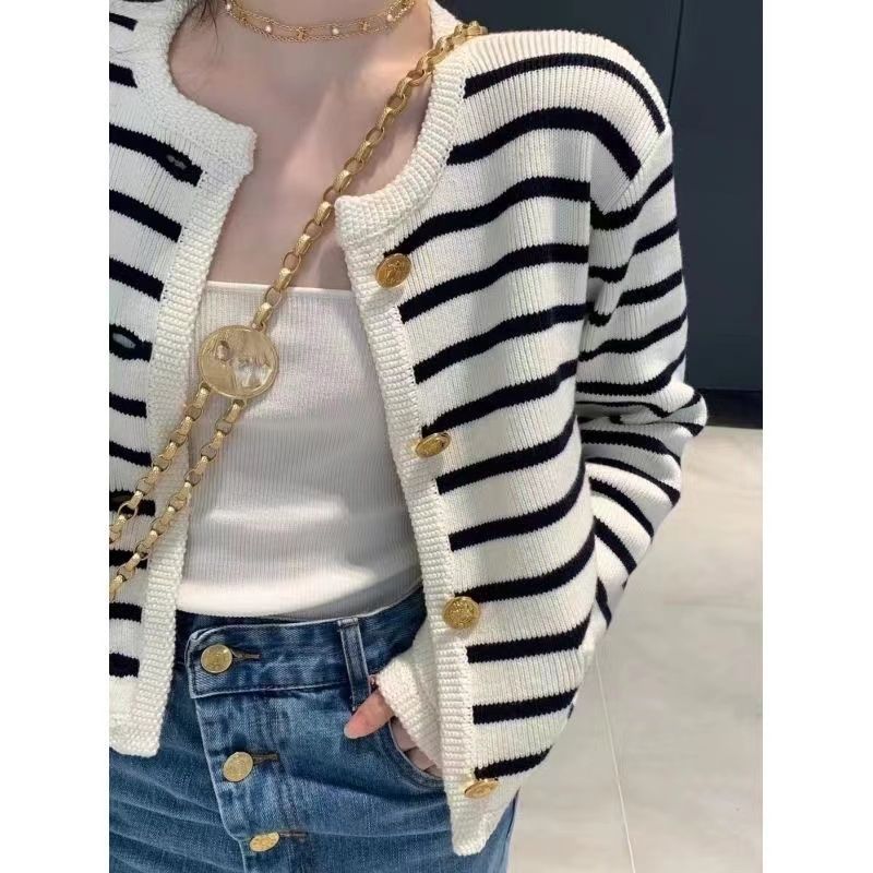 STOCK-Women’s Chanel-Style Gold Button Knit Cardigan