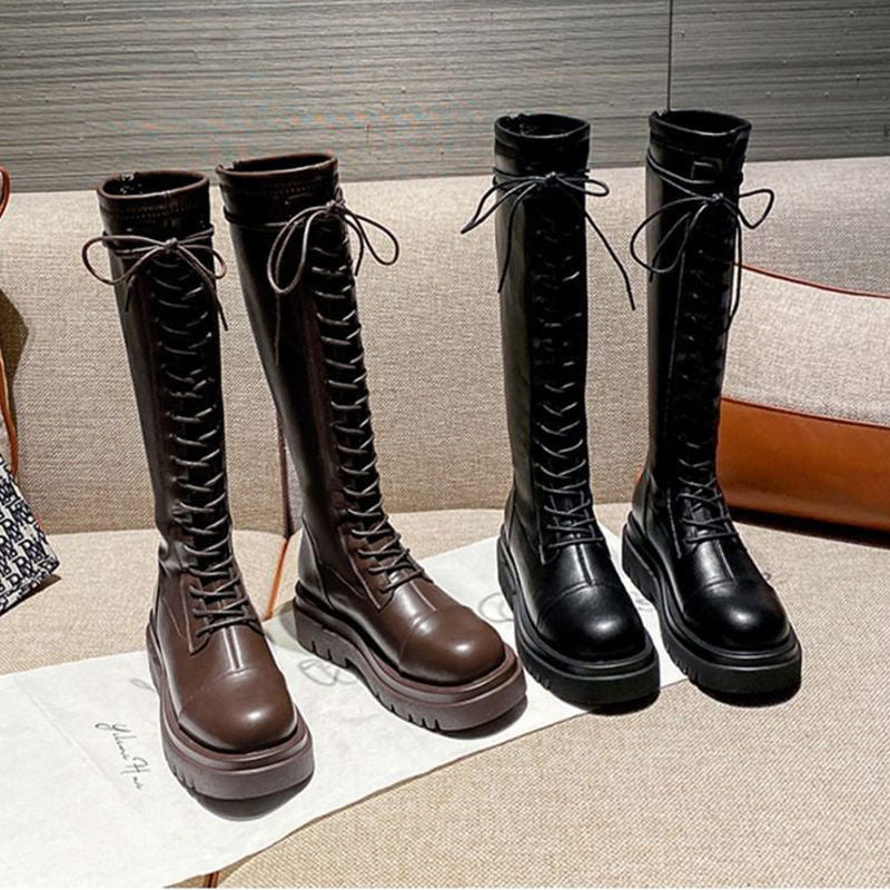 Black Lace-Up Knee-High Martin Boots