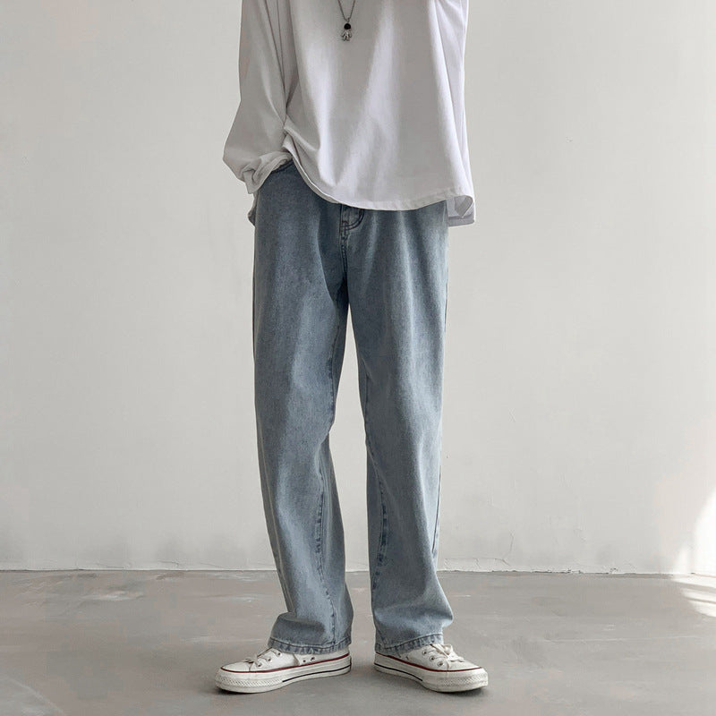 LKTM Men's Light Blue Washed Wide Leg Straight Jeans Pants