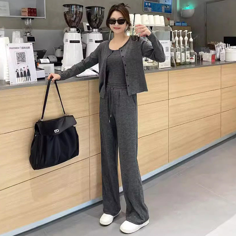 STOCK-Three-Piece Loose Cardigan Sports Set Women