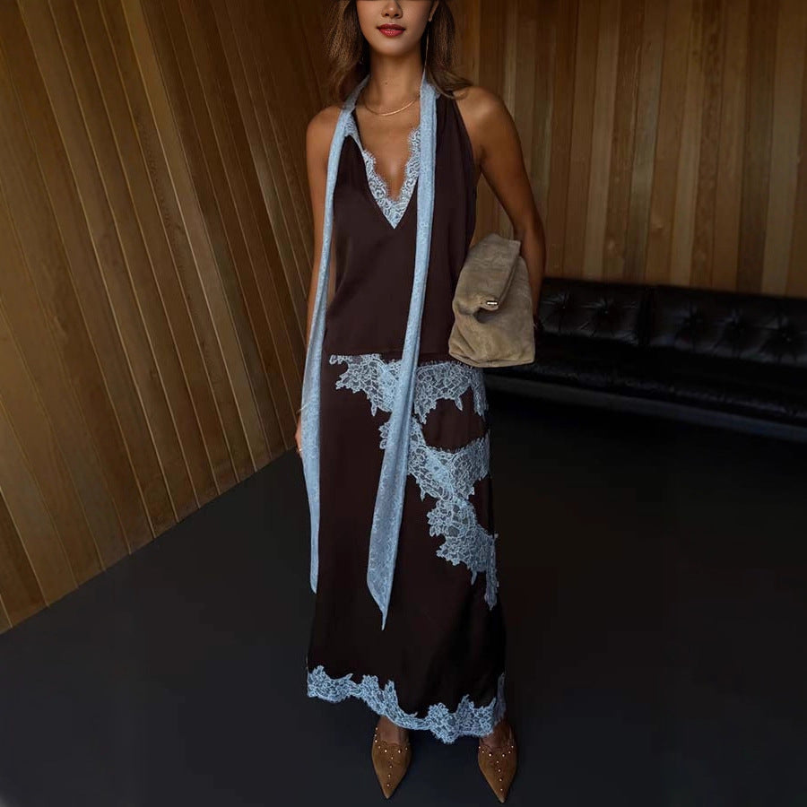 2026 Satin Splicing Sleeveless Suit - INS Casual Two-Piece Skirt