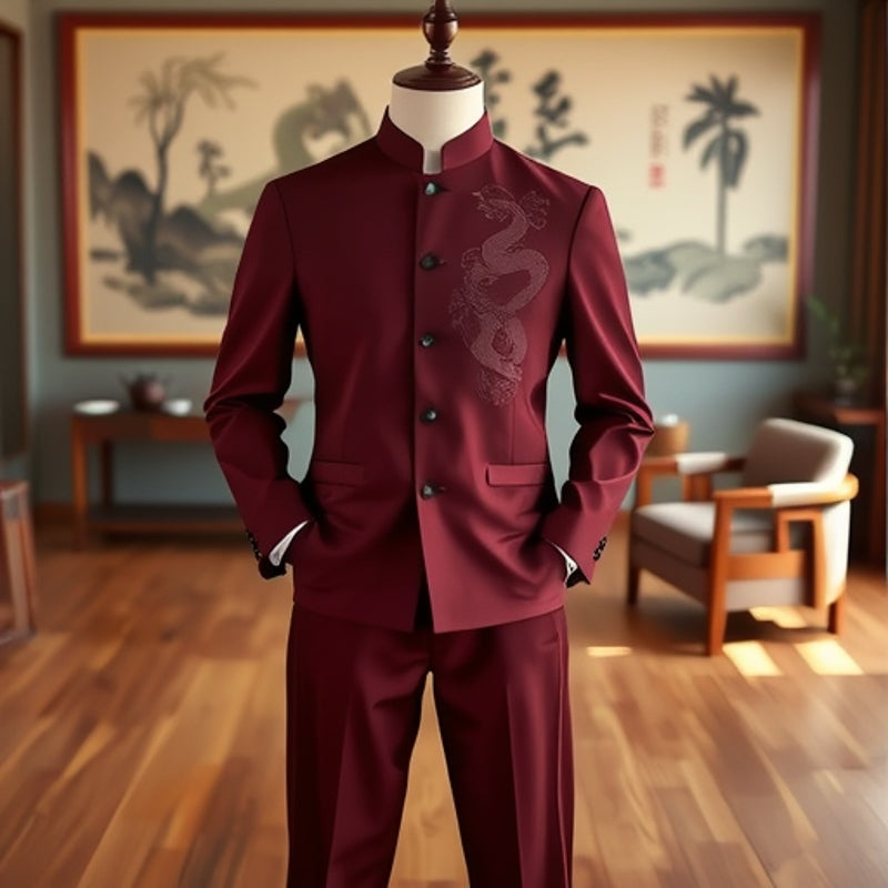 Men’s Zhongshan Suit Dragon Pattern Slim Wedding Outfit