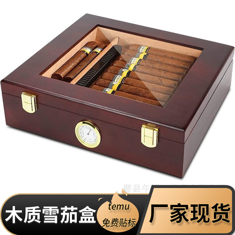 Wooden Cigar Box with Lid Transparent Humidity Display