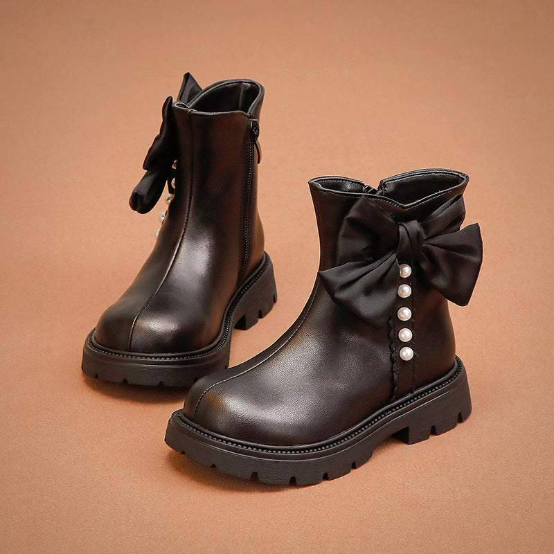 Girls’ Bow Martin Boots Fleece-Lined Cotton Shoes