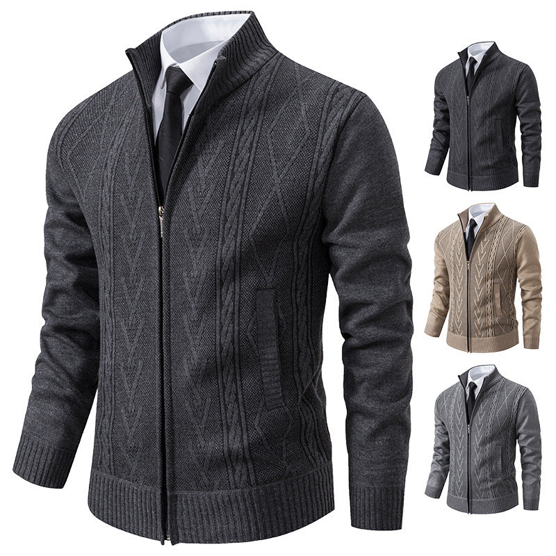 Men's Stand-Up Collar Velvet Thick Knit Outerwear Jacket