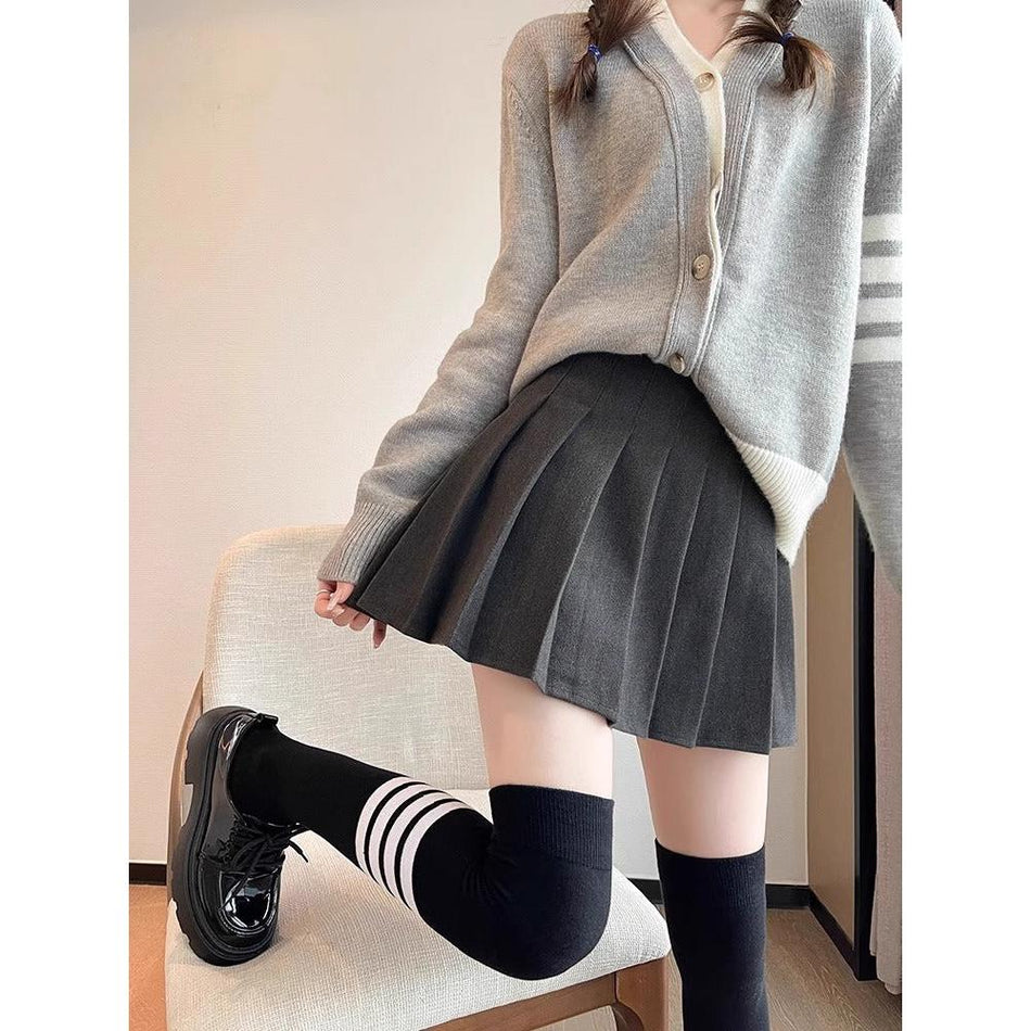 Black Woolen High Waist Pleated A Line Skirt Women JK