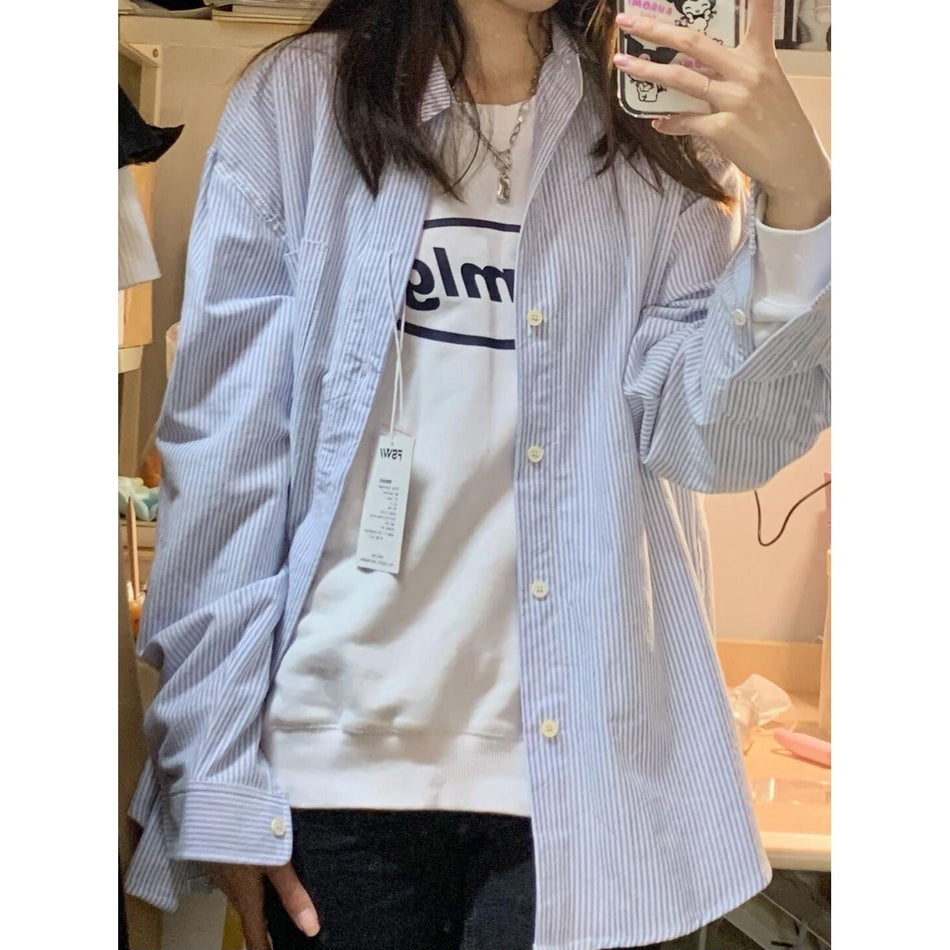 Korean Loose Striped Long Sleeve Shirt Women Autumn
