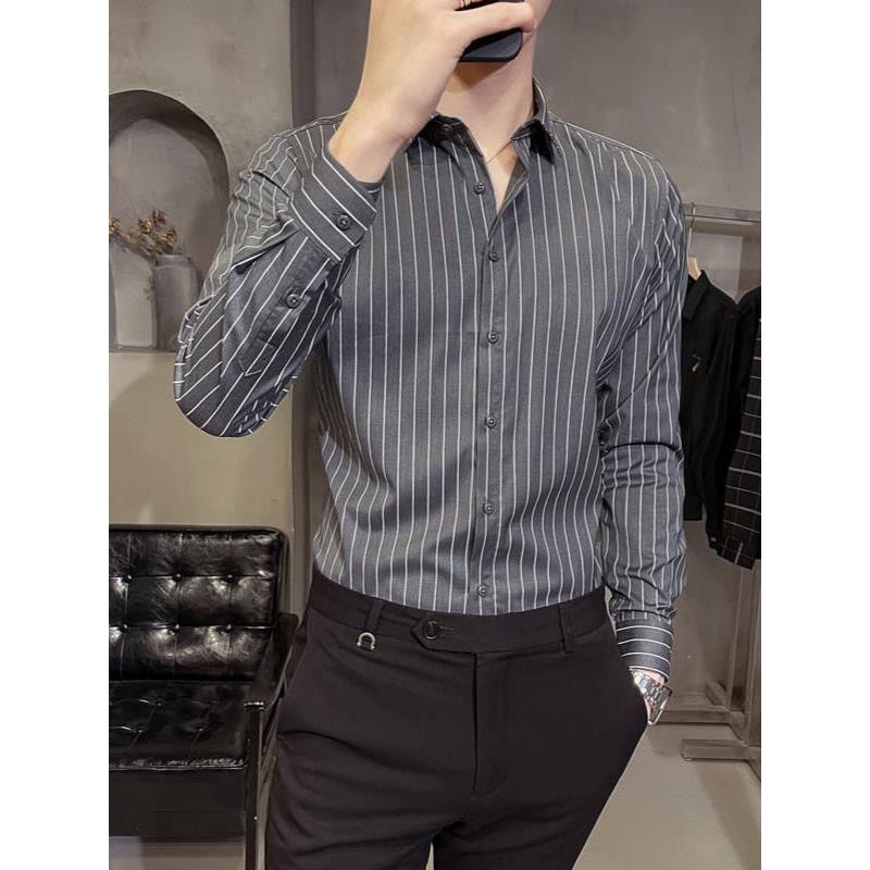 Men’s 2024 Korean Slim-Fit Striped Long-Sleeve Shirt