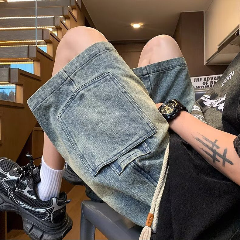Men's Washed Loose Tooling Denim Shorts