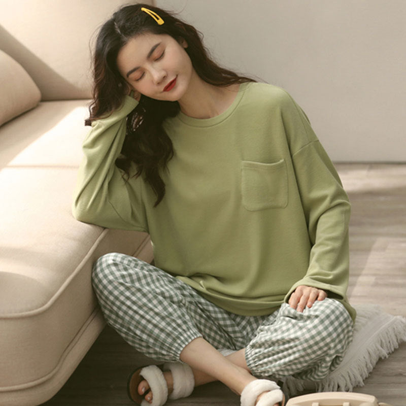 Korean Style Plaid Pajama Set – Casual Spring/Autumn Look