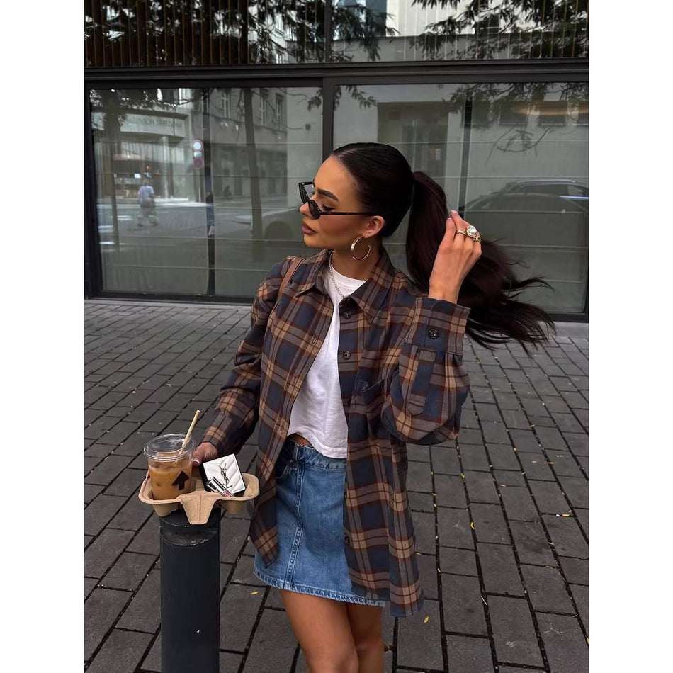 2026 Spring Autumn Women's Plaid Button Flannel Shirt Coat