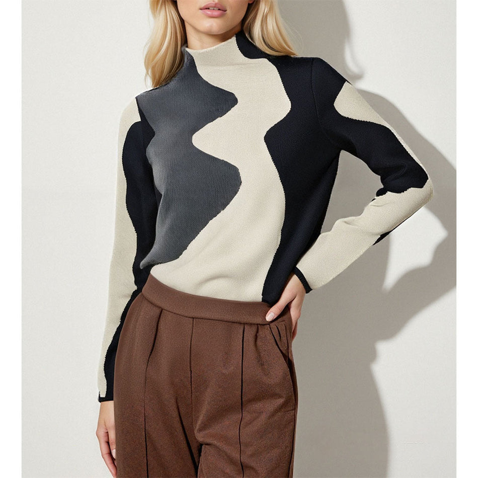 High-Neck Geometric Print Pullover Sweater Women