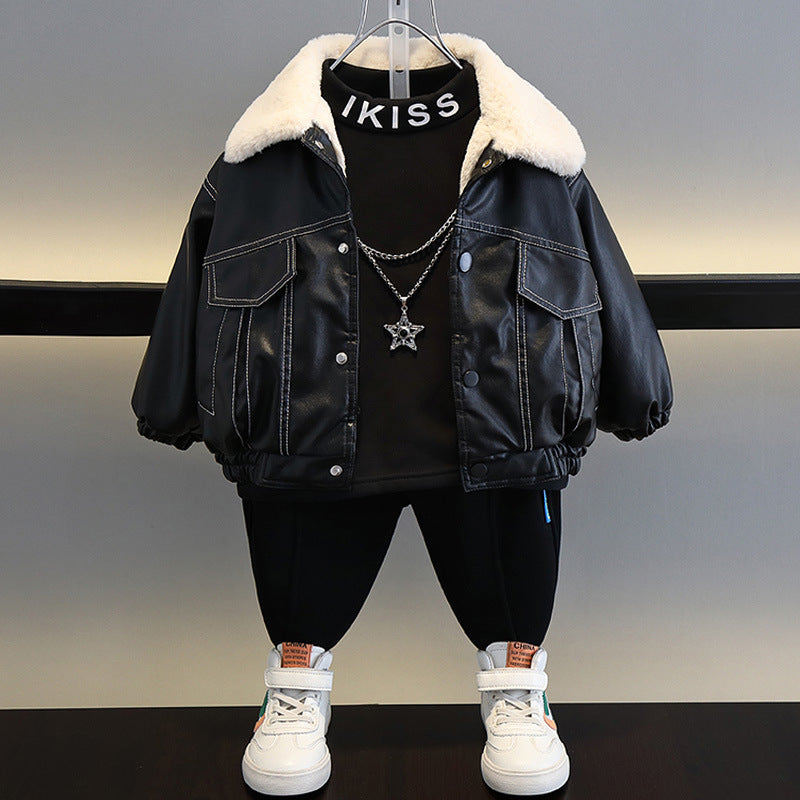 Children's Wear Boys Fleece-lined Leather Jacket 2025 New --
