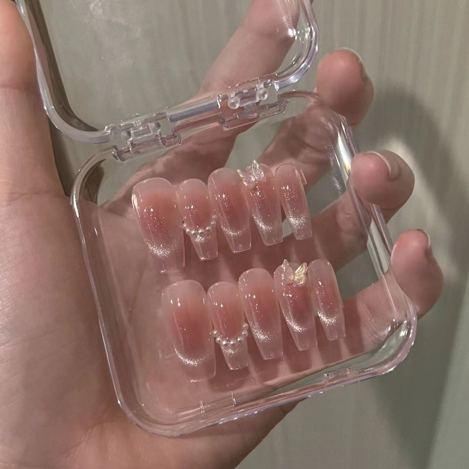 Cat’s Eye Pink Butterfly Fake Nails – 10pcs Handmade Set