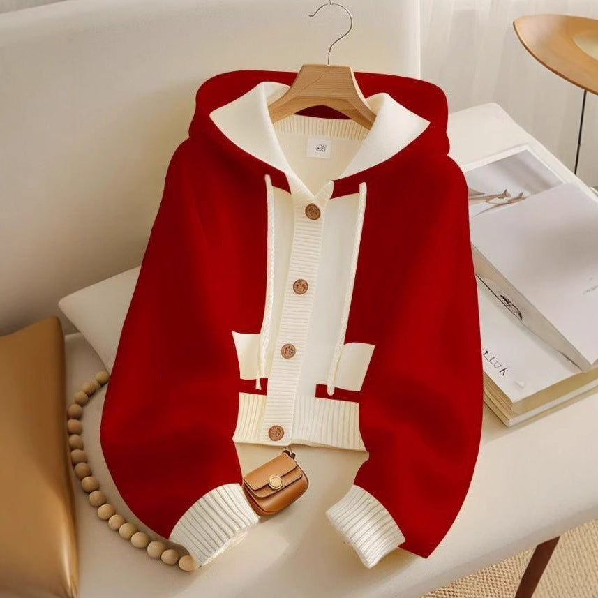 Red Hooded Knit Cardigan
