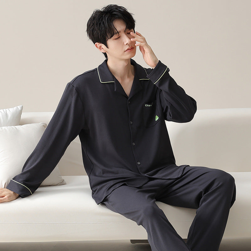 Men’s Pure Cotton Pajama Set Lapel Cardigan Long Sleeve Homewear