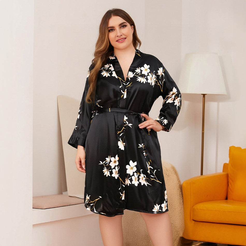 Plus Size Ice Silk Printed Bathrobe