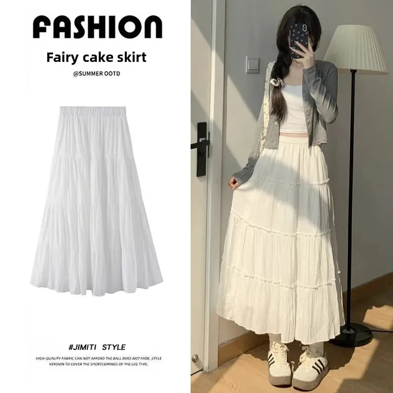 White Cake Skirt – Mid-Length Korean Style High Waist