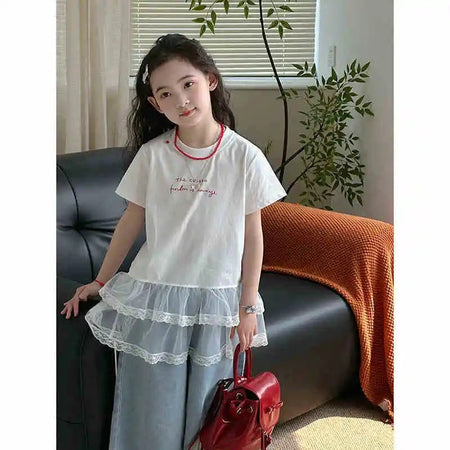 Girls 2025 Summer Mesh Splicing Short-Sleeve Top – Summer Kids Fashion Nepal | Tudoholic