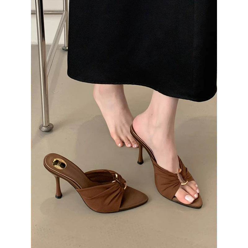 White Pleated Metal Buckle Pointed High Heels