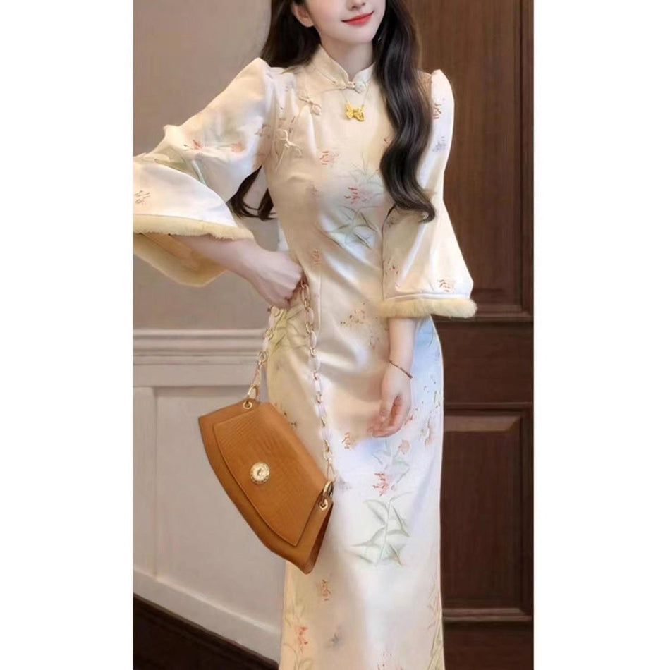 Textured Chinese Style Cheongsam Slim Hip Hugging Dress