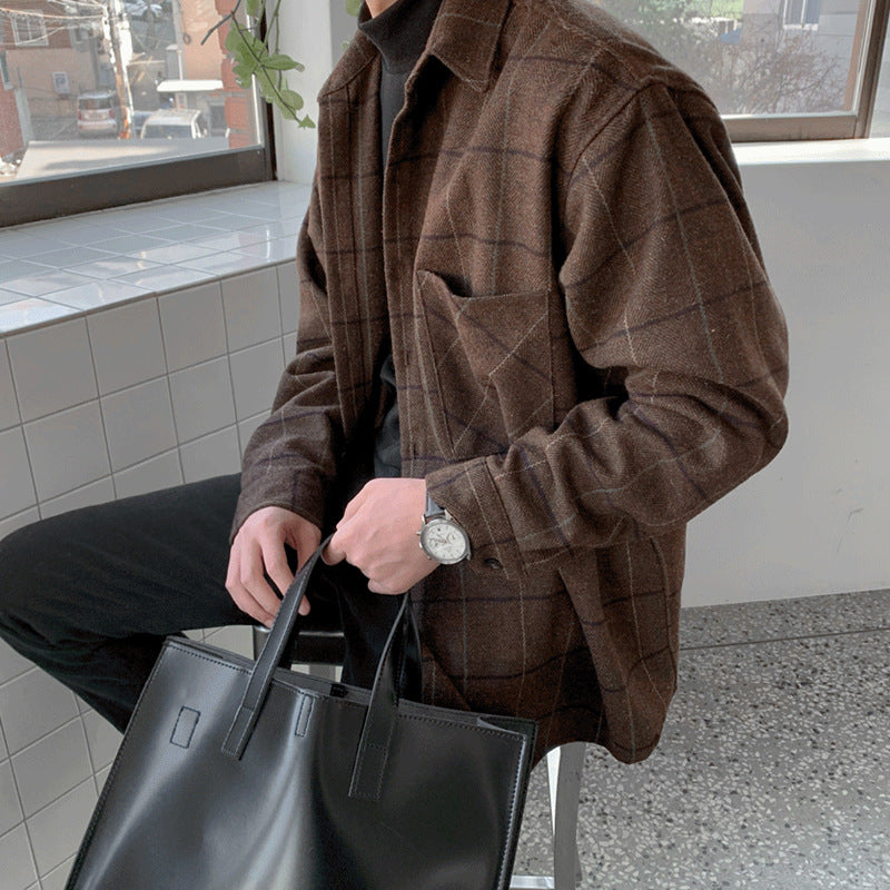 Winter Thick Woolen Plaid Overshirt Men’s Casual Coat