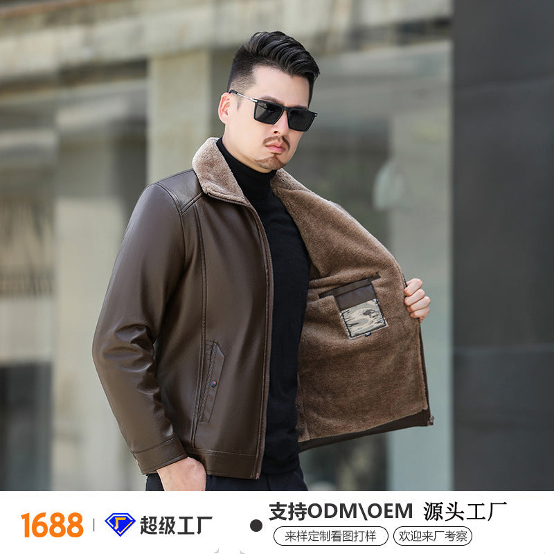 STOCK-Men’s Fur Lined Leather Jacket Winter Loose Casual Coat