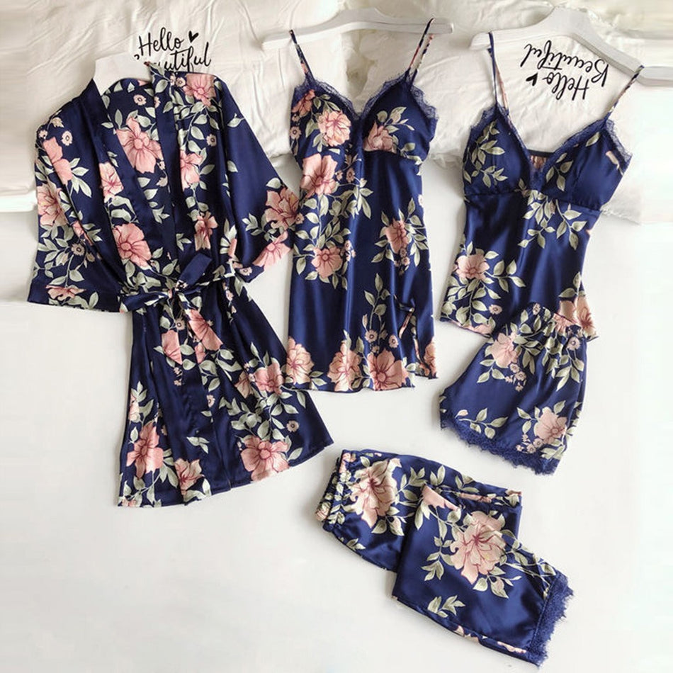 STOCK-Five-Piece Imitation Silk Home Clothes Set for Women