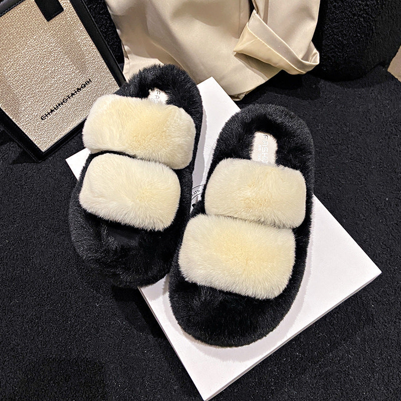 Fluffy Rabbit Fur Slippers – Thick-Soled