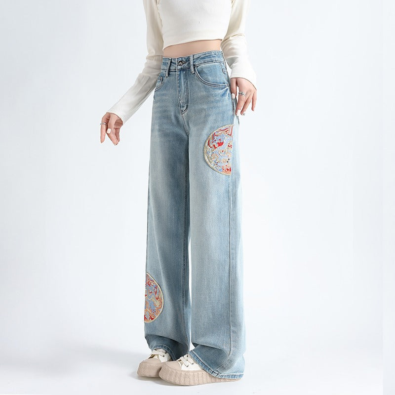 Chinese Style Embroidered Wide-Leg Denim Pants