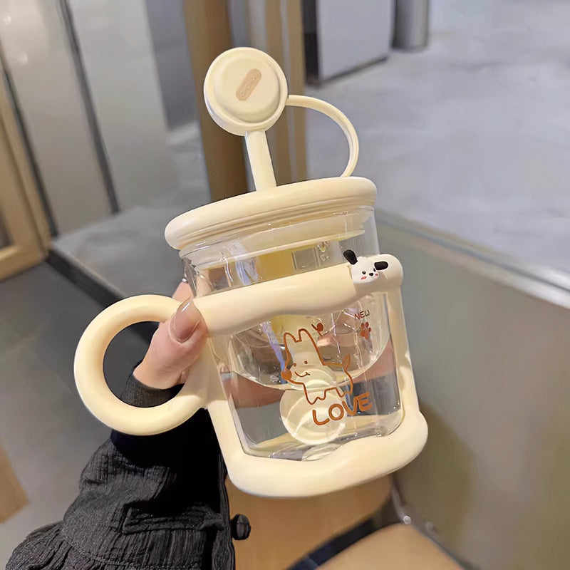 Cute Glass Mug with Straw, Spoon & Lid – Heat Resistant
