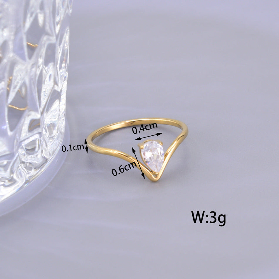 V-Shaped Water Drop Zircon Ring – 18K Gold Plated