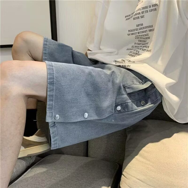 Men’s Button-Down Denim Shorts Summer Loose Fit Trendy