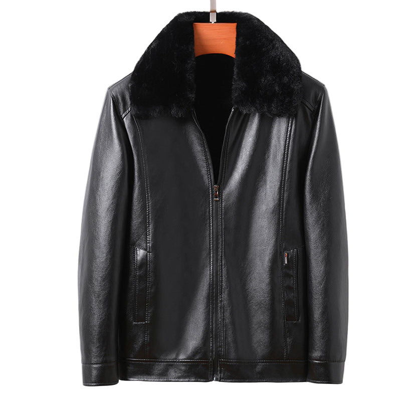 STOCK-Men’s Winter Thickened Leather Jacket with Fur Collar