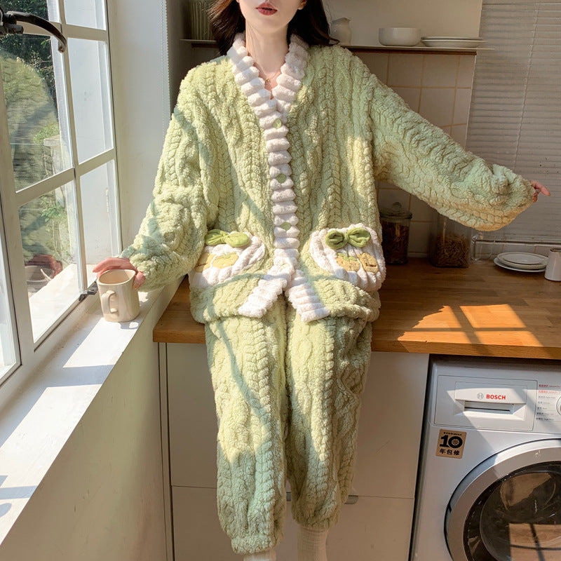 Women’s Coral Fleece Pajamas 2026 Autumn Winter Warm Home Wear Set