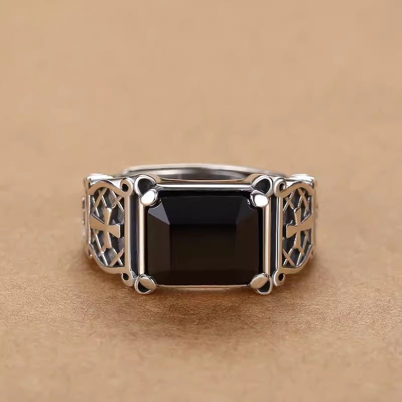 Men's Black Stone Cross Ring – Trendy Hip-Hop Style