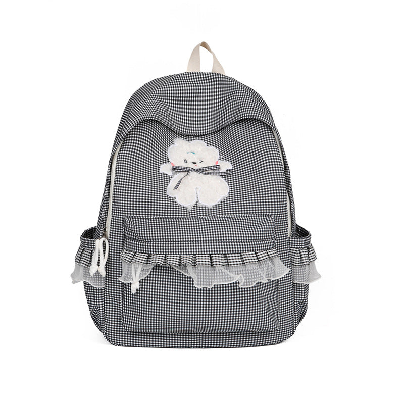 Girls' Plaid Nylon School Backpack with Bear Detail