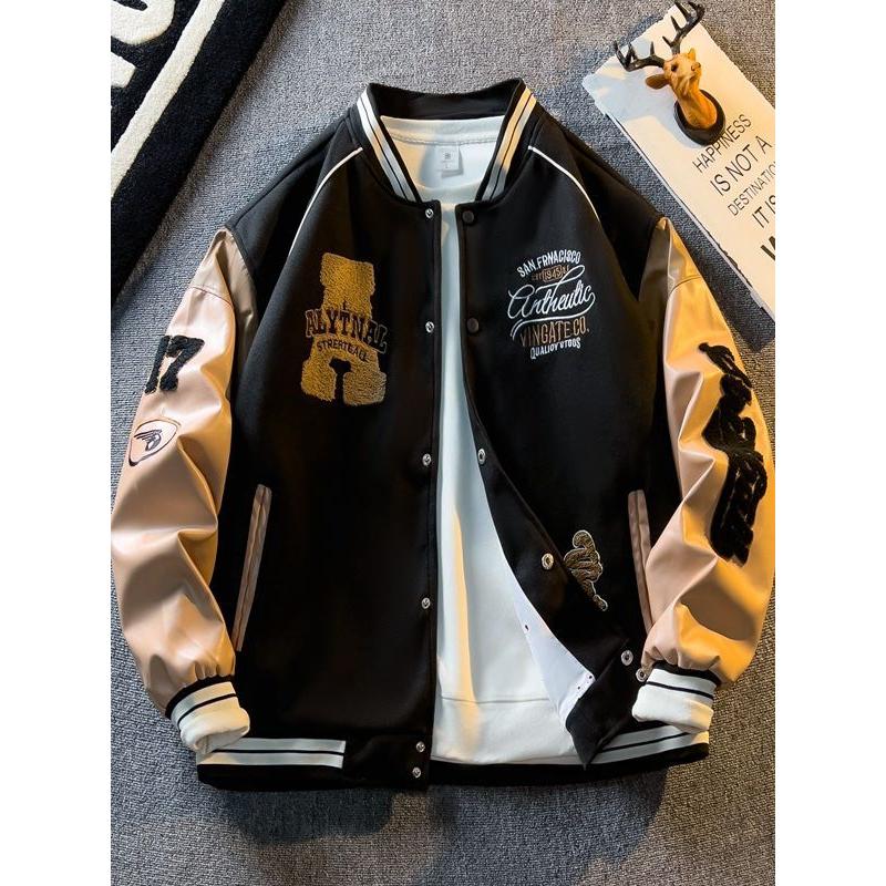 Spring Autumn American Embroidered Leather Sleeve Jacket