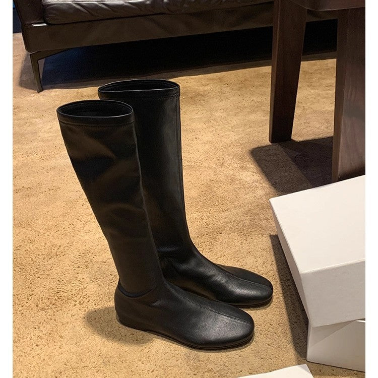 Women’s Genuine Leather Stretch Mid-Calf Boots Round Toe Slim Fit