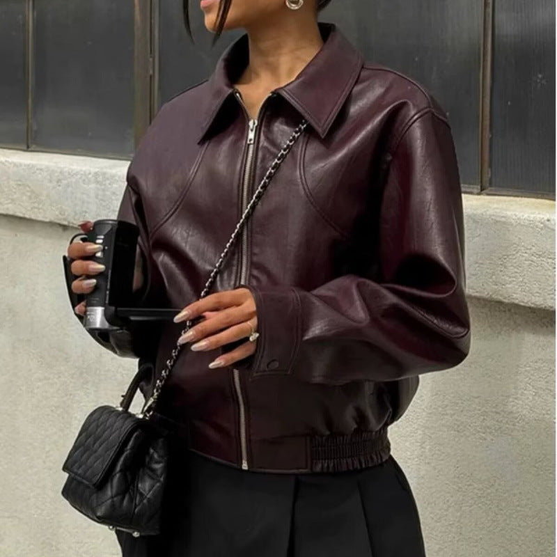 Women’s Retro Lapel Zipper Leather Jacket
