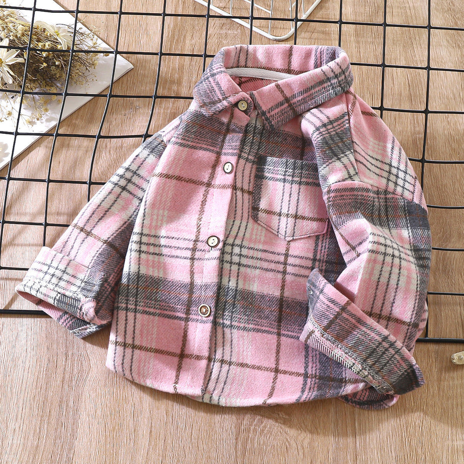 Kids Retro Plaid Color Block Lapel Shirt Jacket