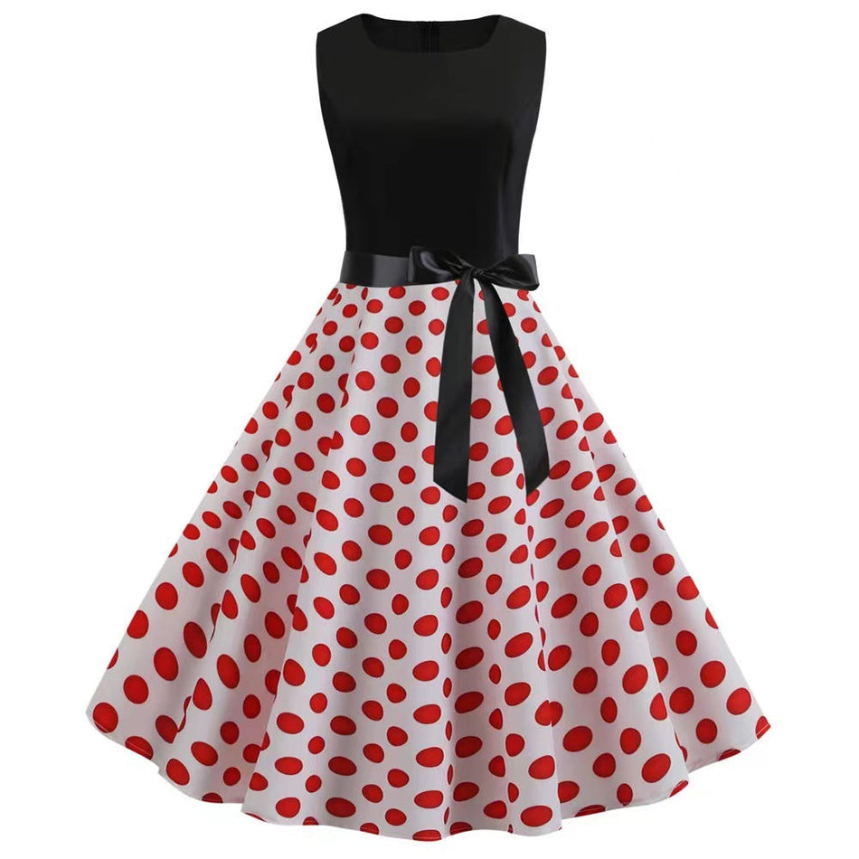 Vintage Sleeveless Polka Dot Lace Dress with 3D Print