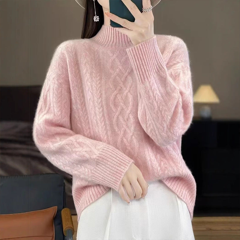 Women’s Half-High Collar Sweater – Elegant Loose Knit Top