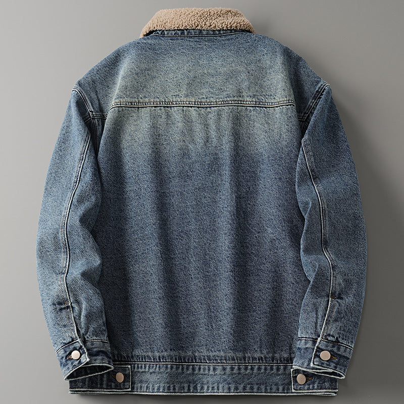 STOCK-Yuan Yue Men’s Denim Jacket | Winter Fleece-Lined Fur