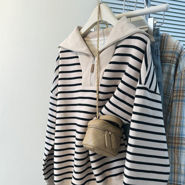 Striped Half-Zip Pullover – Loose Plus Size Sweatshirt