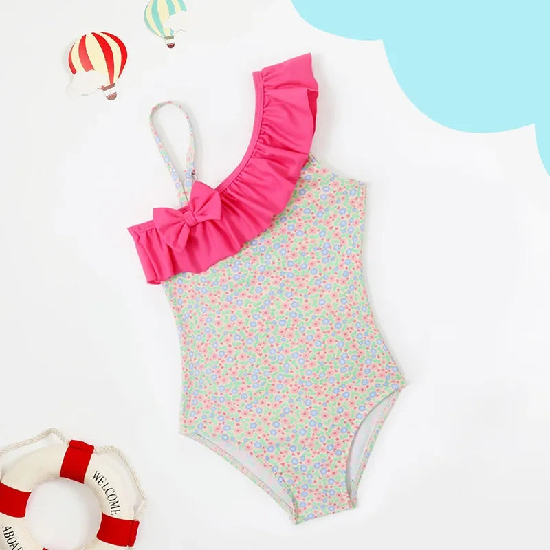 Girls’ One-Shoulder Floral Swimsuit – Quick-Dry & Cute