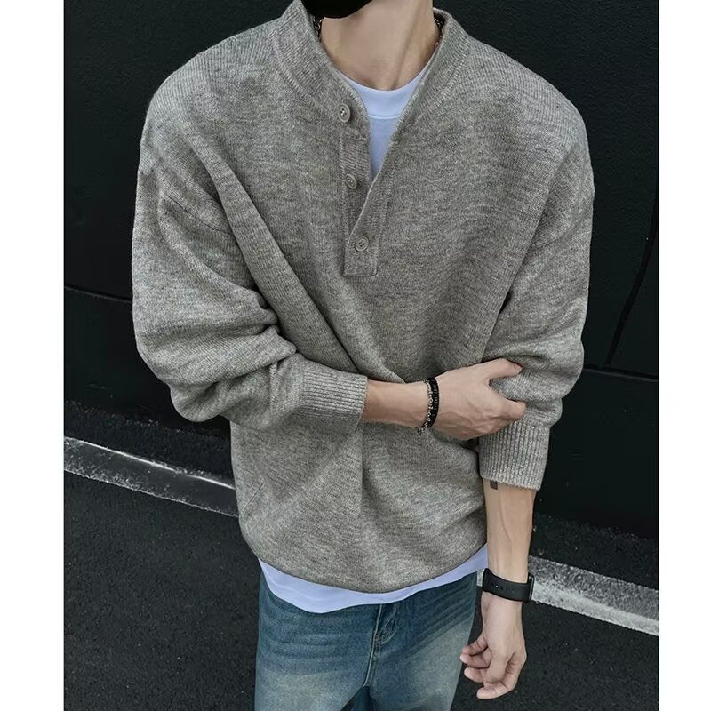 Men’s Henley Collar Sweater – American Casual Autumn Style