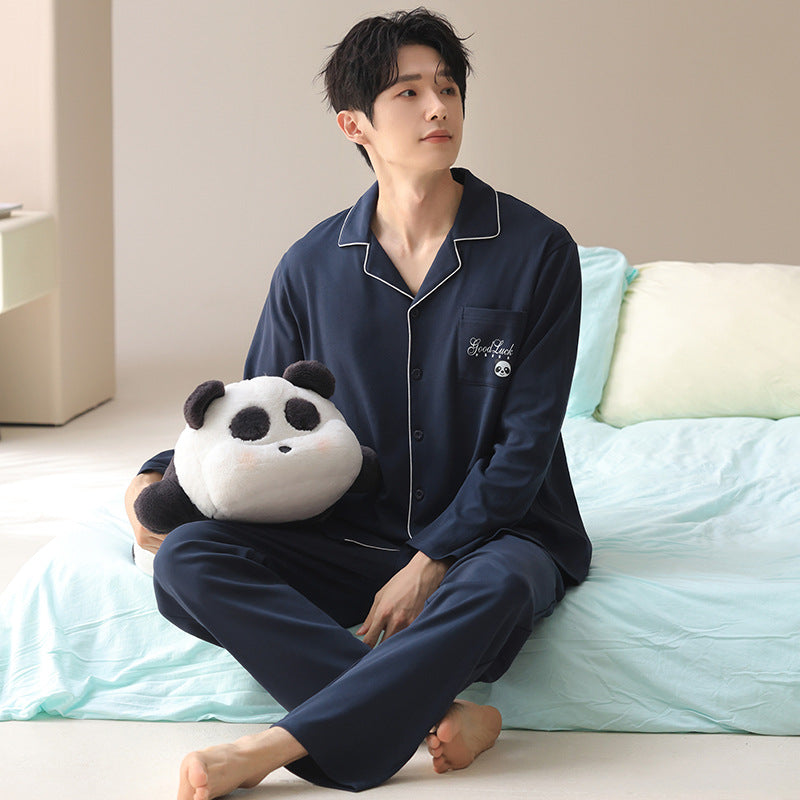 Men’s Cotton Pajama Set Lapel Cardigan Long Sleeve Loungewear