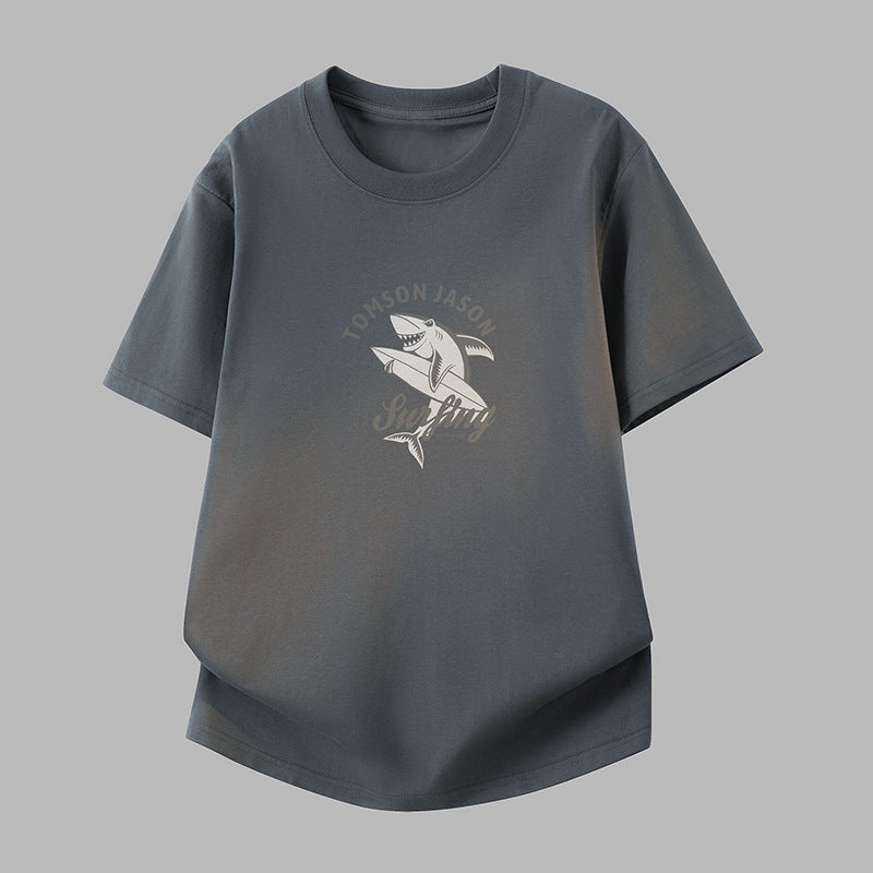 Men's Pure Cotton Shark Print Crew Neck Loose Short Sleeve