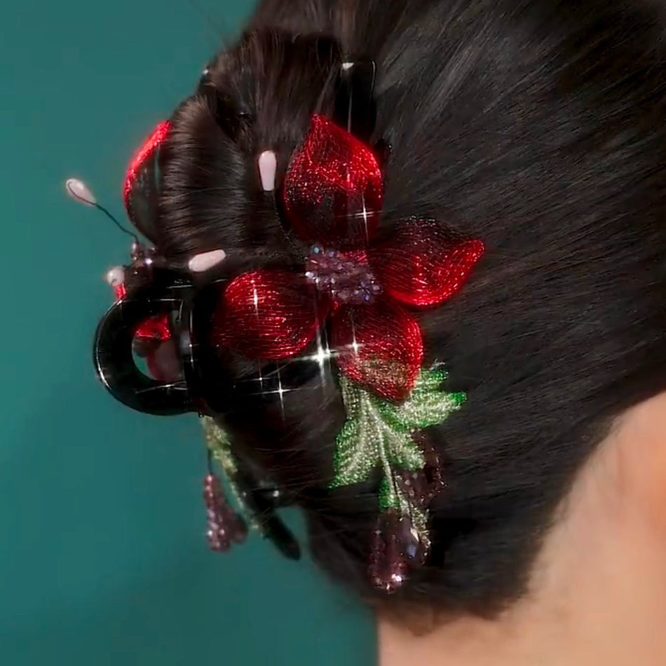 High-End Retro Handmade Flower & Butterfly Shark Clip for Women